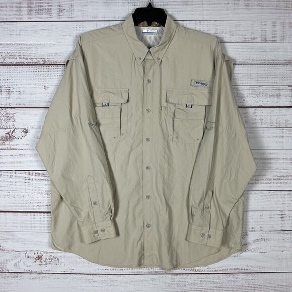 Columbia PFG Vented Shirt Mens Button Down Fishing XL Relaxed Beige Nylon - Picture 1 of 11